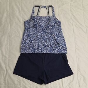 Lands' End 2-Piece Blue Floral Pattern and Navy Brief Bottom Swimsuit, 16W